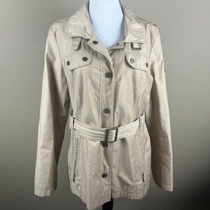 Gallery Utility Rain Jacket Size M Khaki, Snap Closure, Collar, Removable Hood